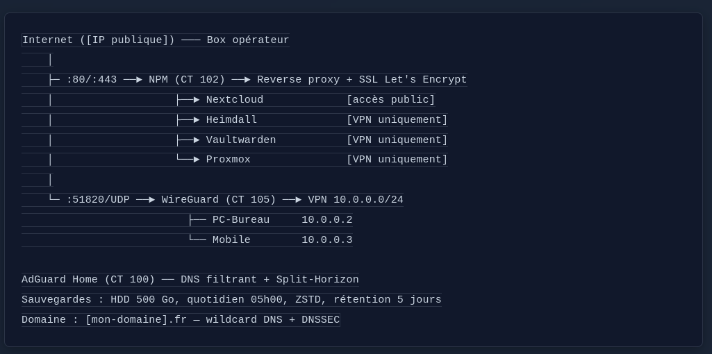 Schéma de l'architecture réseau de l'infrastructure Proxmox